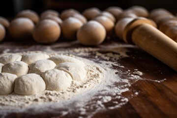 Poster - close-up of rolling pin flattening dough balls