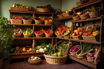 Wall Mural - wicker baskets holding fruits and vegetables on pantry shelves