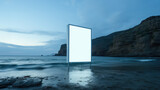 empty billboard standing alone in the vastness of the ocean, professional shoot, blue light, vertical white poster mockup, on the beach to raise awareness of rising water levels, AI  