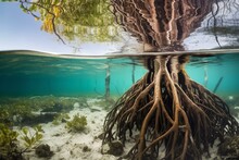 Split View Of Caribbean Mangrove Trees With Roots And Sea Sponges Under Water. Generative AI