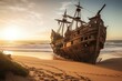 An ancient pirate galleon wrecked on sandy beach. Artistic. Generative AI