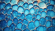 A Microscope View Of A Blue Cellular Organism Or Bubbles On A Glass Plate. Multi Walled Cells. Macro Or Micro Photography.