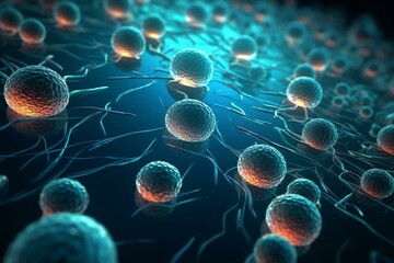 microscopic cells in digitally rendered biotech background for microbiology concept. generative ai