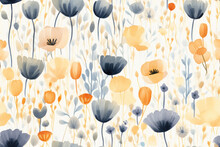 Seamless pattern - repeatable texture of abstract watercolor flowers and leaves in blue, yellow and creme on white background