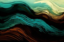 Posterized Abstract Blue, Green, And Brown Wave-painted Background. Generative AI
