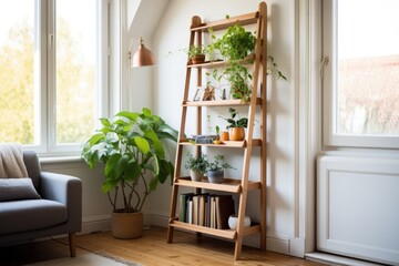 Poster - wooden ladder bookshelf in a bright room