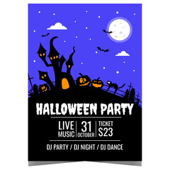 Wall Mural - Halloween Party invitation flyer, banner or poster with spooky dark pumpkins, horrible castle, scared cat walking in the cemetery and bats in the night sky against the backdrop of a full moon.