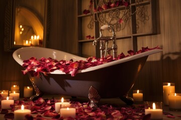 Wall Mural - a steaming bathtub with lit candles and rose petals around