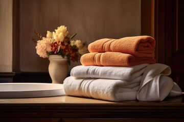 Poster - stack of folded towels beside an elegant bathtub