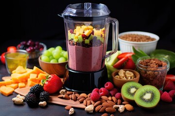 Canvas Print - blender with various chopped fruits and nuts for a healthy shake