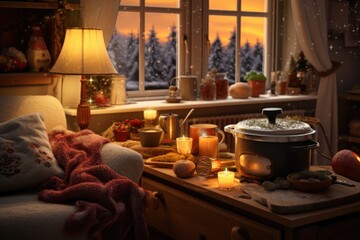 Wall Mural - cozy winter scene with slow cooker and warm lighting