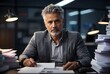 © Hq Visual Studio - Handsome frustrated bussines man with grey hair sitting in his Office with piles of paperwork around, bussines concept, ai generative content