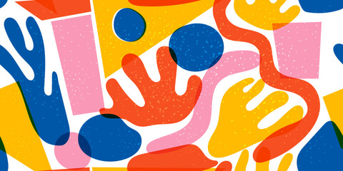 Seamless geometric pattern with risograph effect. Trendy riso graph style. Abstract background with grain texture. 80s style geometric collage. Simple vector pattern. Minimalist retro style texture