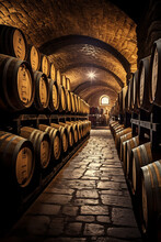 Old French Oak Wooden Barrels In Underground Cellars For Wine Aging Process, Vintage Barrels And Casks In Old Cellar: A Spanish Winery's Perfect Storage For Aging Delicious Wine. High Quality Photo