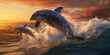 Two dolphins jumping at sunset