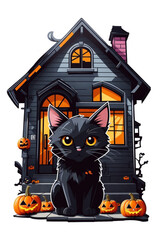 Wall Mural - graphics cute black cat sitting on pumpkin in halloween night