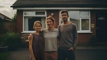 A Happy Family In Front Of A House In UK