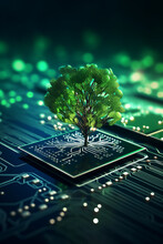 Tree Growing On The Converging Point Of Computer Circuit Board. Green Computing, Green Technology, Green IT, CSR, And IT Ethics. Concept Of Green Technology. Environment Green Technology. High Quality