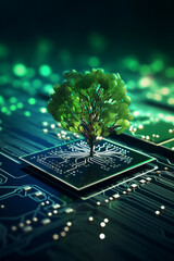 Tree growing on the converging point of computer circuit board. Green computing, Green technology, Green IT, CSR, and IT ethics. Concept of green technology. Environment green technology. High quality