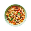 A transparent background isolates a bowl containing dry minestrone soup mix