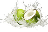 Coconuts water splashing out of a fresh green coconut isolated on transparent or white background