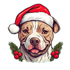 Sticker - Christmas themed illustration of a charming pitbull dog cartoon mascot in a hat