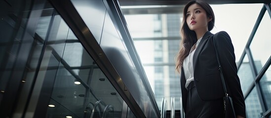 Canvas Print - Minimal shot of young businesswoman using phone and waiting for elevator in modern office building with copy space