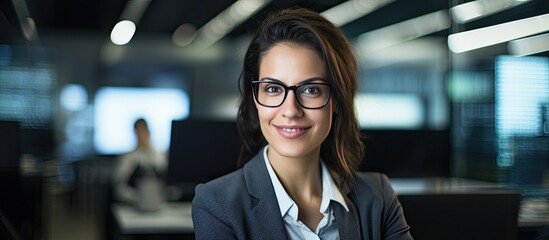Poster - A woman IT developer poses with a smile surrounded by code in an office