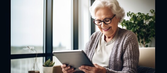 Elderly lady with glasses smiling using a tablet at home browsing internet or watching videos