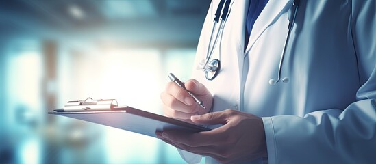Poster - Medical doctor with clipboard in health care setting