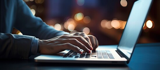 Leinwandbilder - Young man using laptop at night with blurred bokeh background horizontal image size with space for text