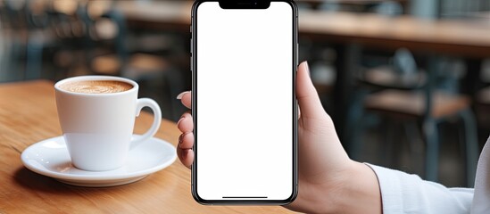 Poster - A woman texting on a mobile phone at a coffee shop with a blank white screen mockup