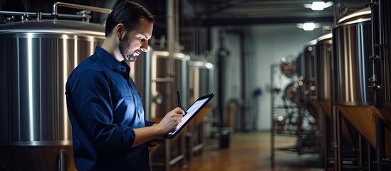 Two workers inspecting production at craft brewery using tablet