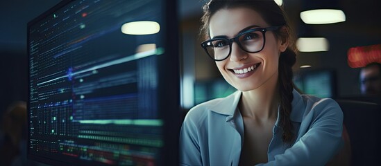 Poster - A woman IT developer poses with a smile surrounded by code in an office