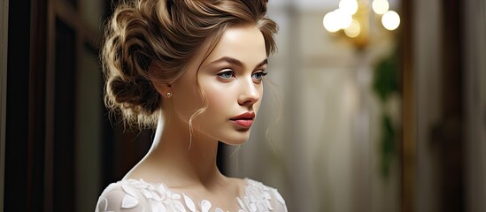 Poster - a youthful bride with a sophisticated bridal hairdo indoors by a window