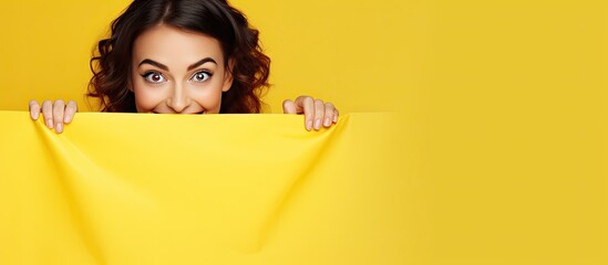 Aufkleber - A joyous young woman glances out from behind a white banner against a yellow background with space for text