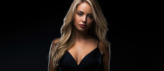 Poster - Stunning blonde with long hair wears black dress on black background