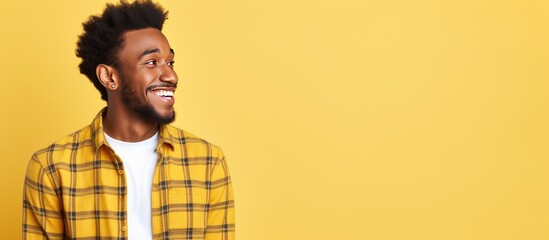 Poster - Happy African American man in checkered shirt standing alone looking away in front of yellow background