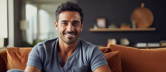 cheerful middle aged man in casual attire sitting on sofa smiling and looking at camera