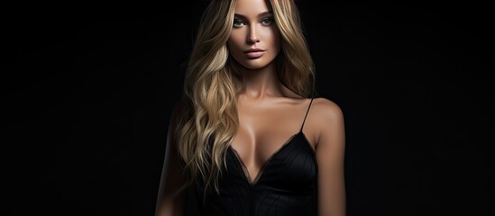 Poster - Stunning blonde with long hair wears black dress on black background