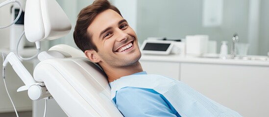 Young man at the dentist receiving dental care with empty background