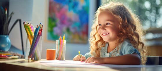 Little girl painting at home sitting at desk with colorful pencils and paint pens side view with space to copy