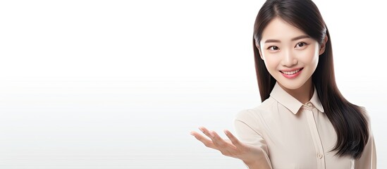 Sticker - Asian woman displaying an open hand prompt with room for product on white backdrop