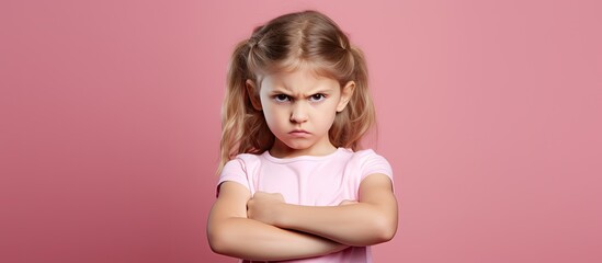 Little girl displaying non verbal refusal Pink background empty area for text Child expressing dissent denial