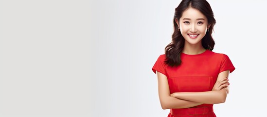 Poster - Asian woman in red dress standing behind blank white banner looking at camera