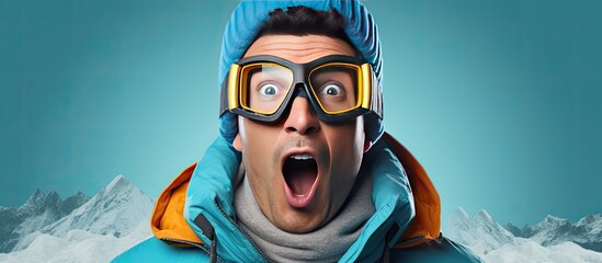 Adult man wearing winter jacket and ski goggles with a puzzled face expression standing against blue background with copy space Male snowboarder promot