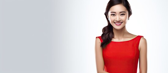 Poster - Asian woman in red dress standing behind blank white banner looking at camera