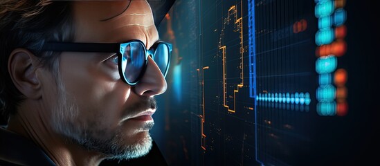 Aufkleber - Trader with glasses analyzing stock market cryptocurrency chart reflected Copy space