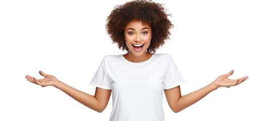 Poster - African American woman in t shirt pointing with open hands smiling excitedly with copy space