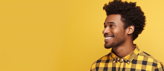 Sticker - Happy African American man in checkered shirt standing alone looking away in front of yellow background